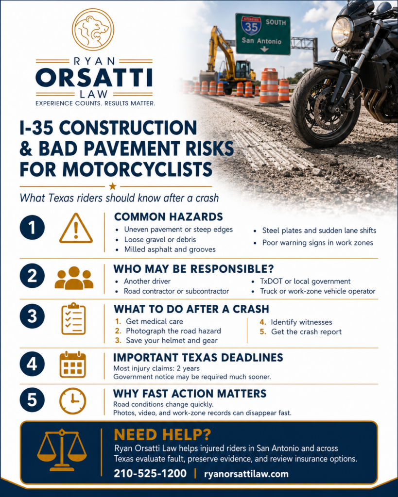Can I Sue After a Motorcycle Crash Caused by Road Construction or Bad Pavement on I-35 in Texas?