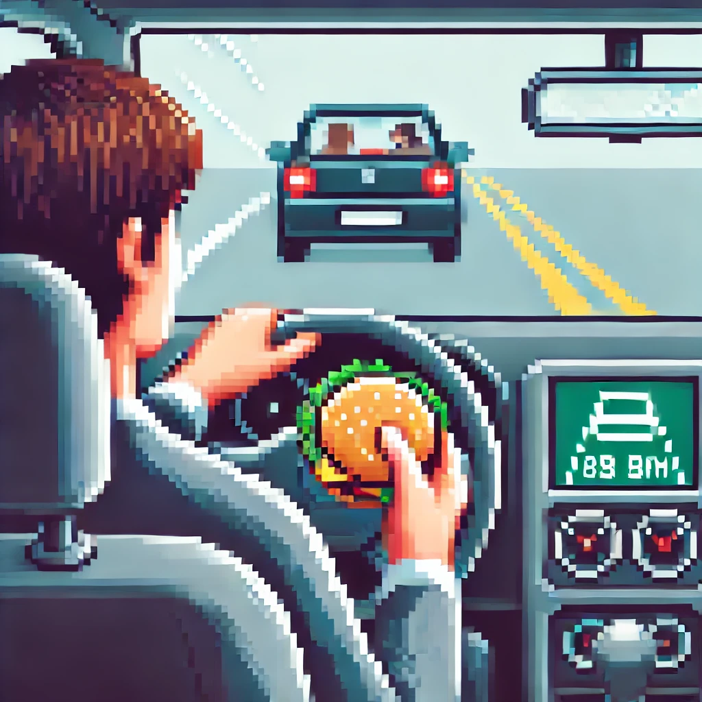 A pixel art image of a driver holding a burger in one hand while steering with the other, showing distracted driving on a highway.