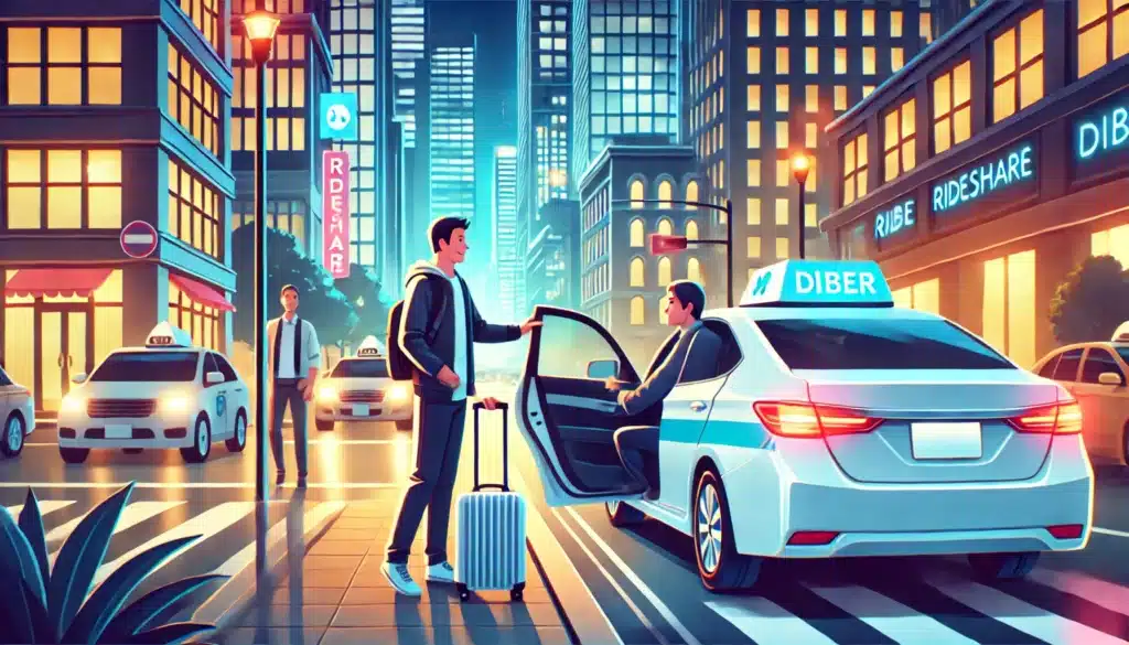 A rideshare driver picks up a passenger with luggage on a vibrant city street at night, surrounded by tall buildings and glowing lights.