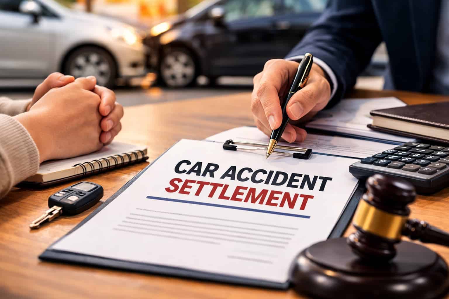 San Antonio car accident settlement consultation with lawyer reviewing claim documents and gavel on desk after vehicle crash