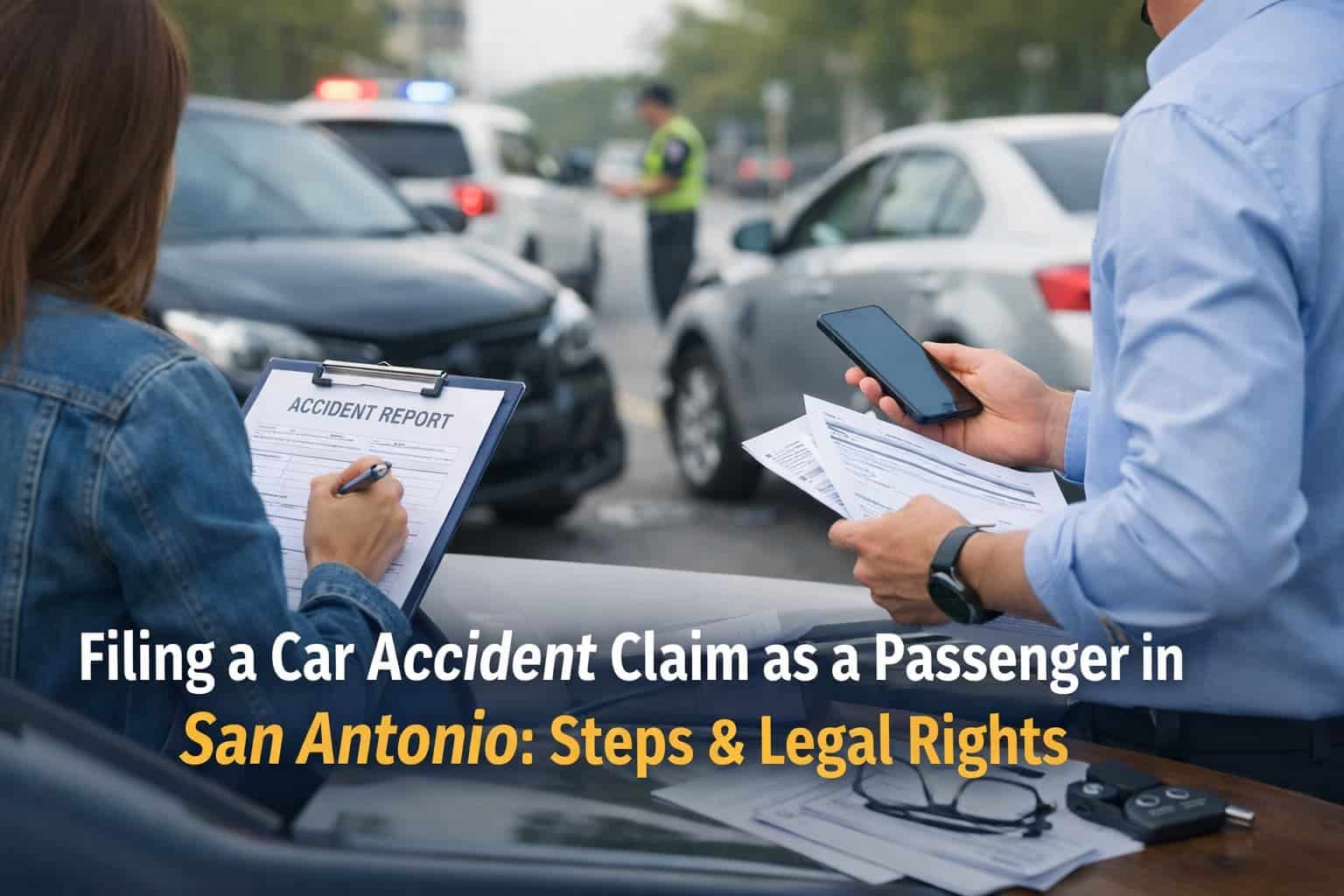 Passenger filing a car accident insurance claim after a crash in San Antonio with police and vehicles in background