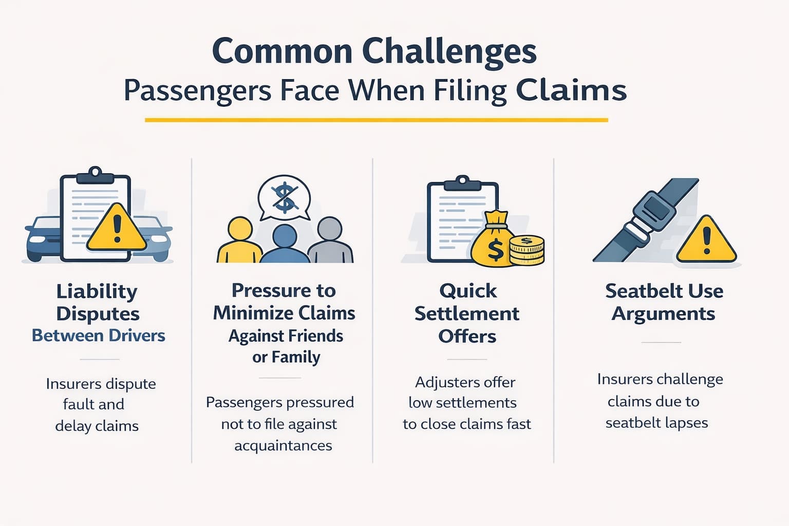Infographic showing common challenges passengers face when filing car accident claims in San Antonio including liability disputes, quick settlements, and seatbelt arguments
