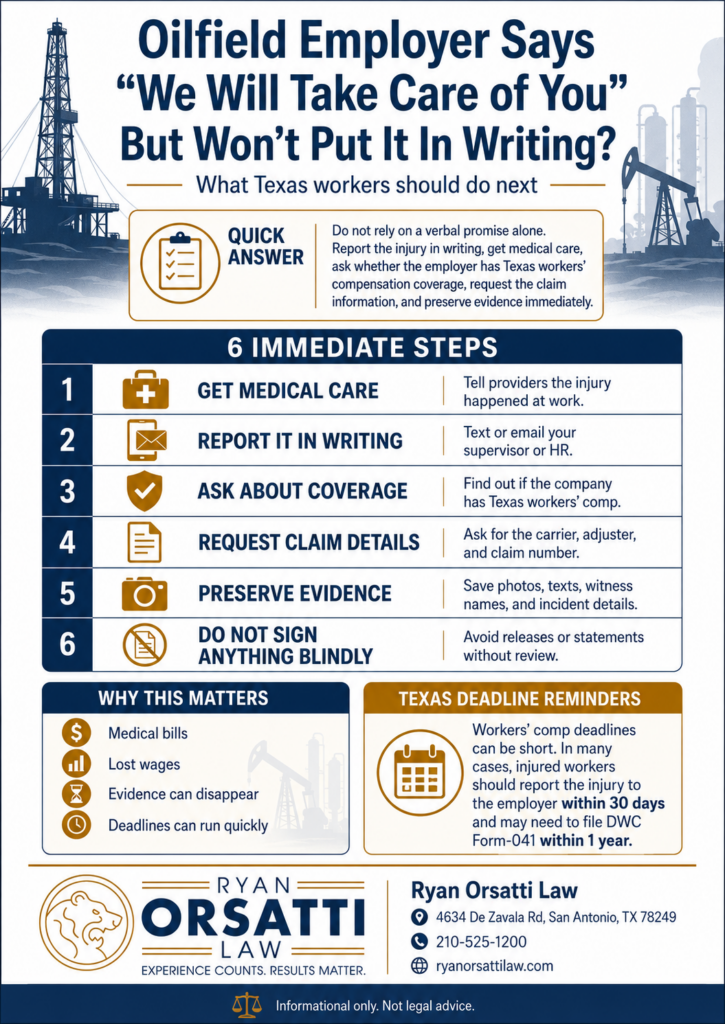 Oilfield worker receiving a verbal promise from an employer after a Texas oilfield injury