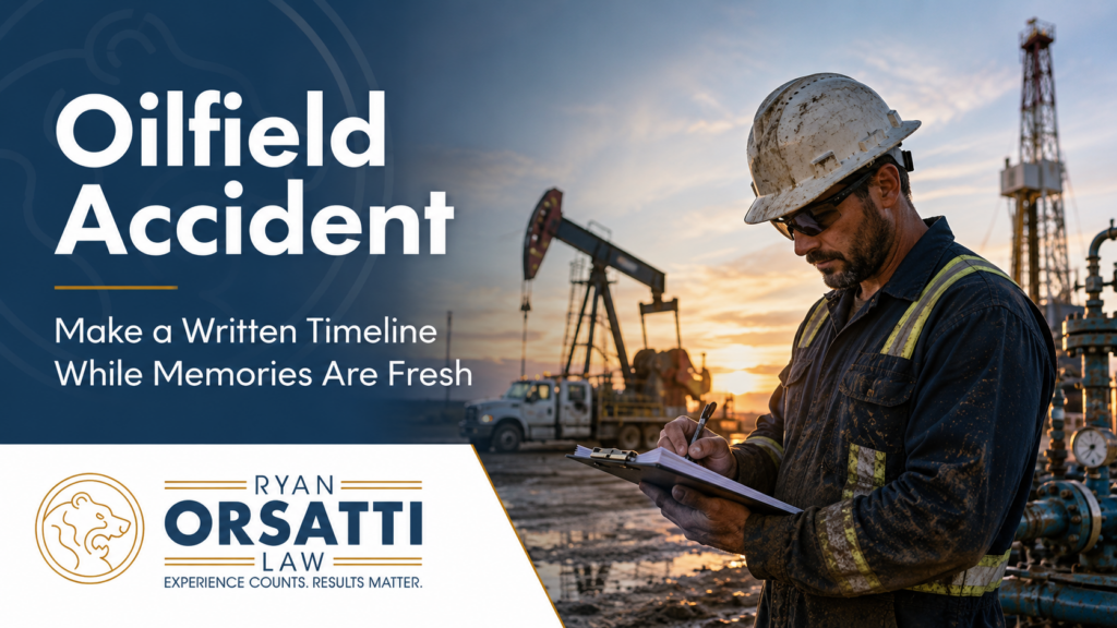 Illustration: injured oilfield worker writing a dated timeline