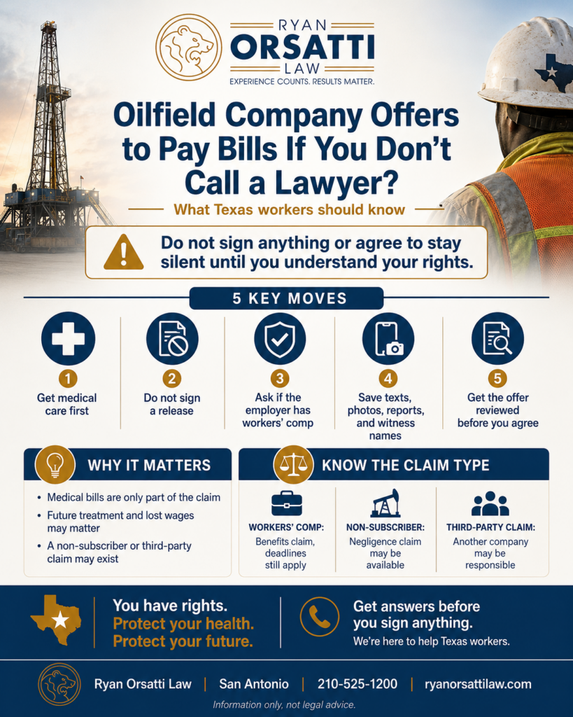 Oilfield company representative offering to pay medical bills after a Texas oilfield injury