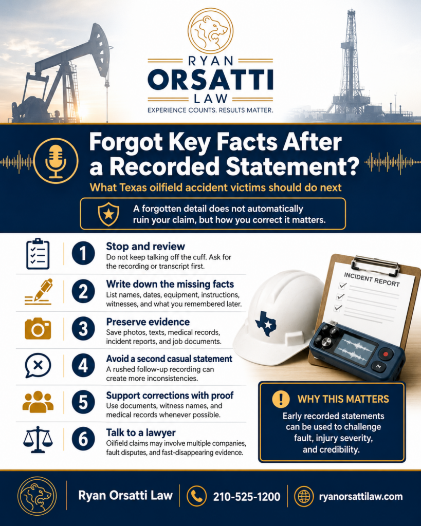 Texas oilfield worker writing down facts missed in a recorded statement
