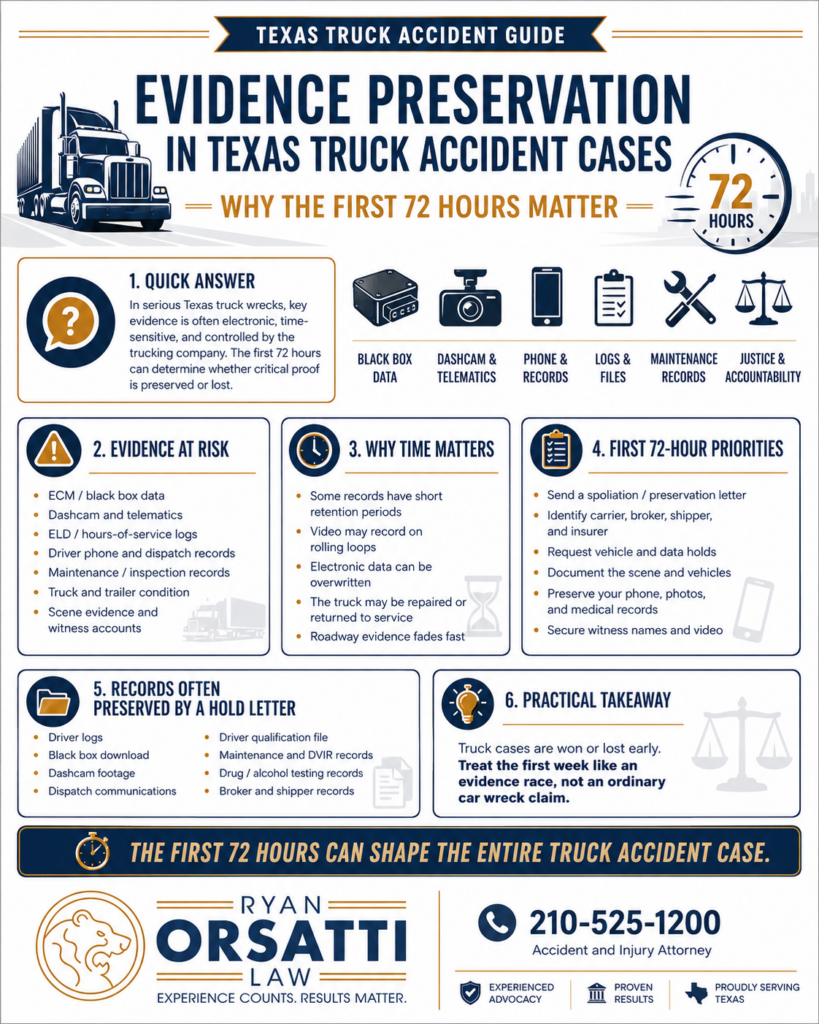 Evidence Preservation in Texas Truck Accident Cases: Why the First 72 Hours Matter