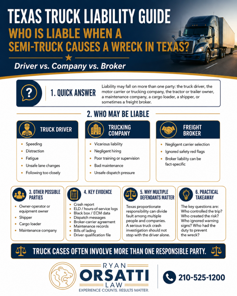 Who Is Liable When a Semi-Truck Causes a Wreck in Texas? Driver vs. Company vs. Broker