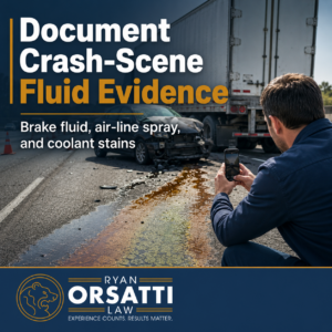 Brake fluid trail and coolant stain on the pavement at an 18-wheeler crash scene in Texas
