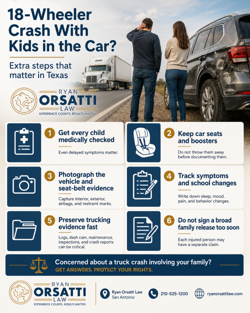 Parent checking a child in a car seat after an 18-wheeler crash on a San Antonio highway