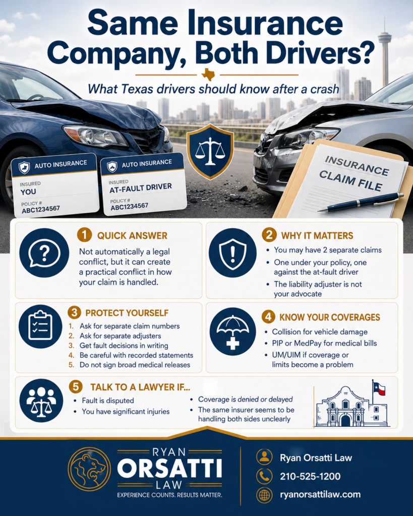 Insurance adjuster reviewing two claim files for drivers insured by the same company after a Texas crash