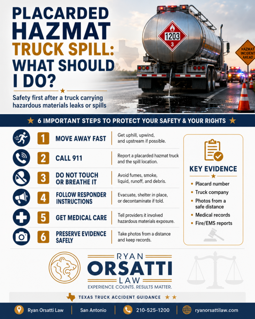 Infographic: placarded hazmat truck spill, safety steps after a Texas crash