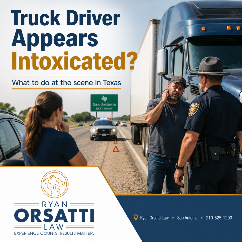 Officer talking with a truck driver at a crash scene with text: Truck Driver Appears Intoxicated?