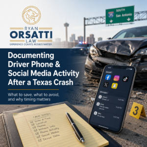 Wrecked car and a phone showing social media apps with text: Documenting Driver Phone and Social Media Activity After a Texas Crash