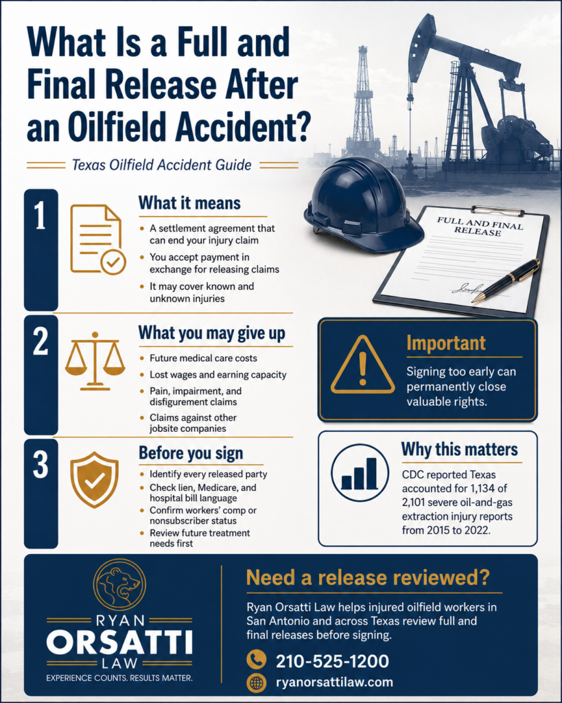 Infographic explaining what an oilfield accident release means, possible claims released, and points to check before signing.