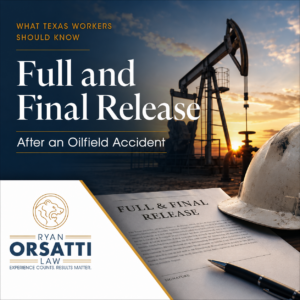 Full and final release after an oilfield accident, with a pumpjack, hard hat and settlement paperwork.