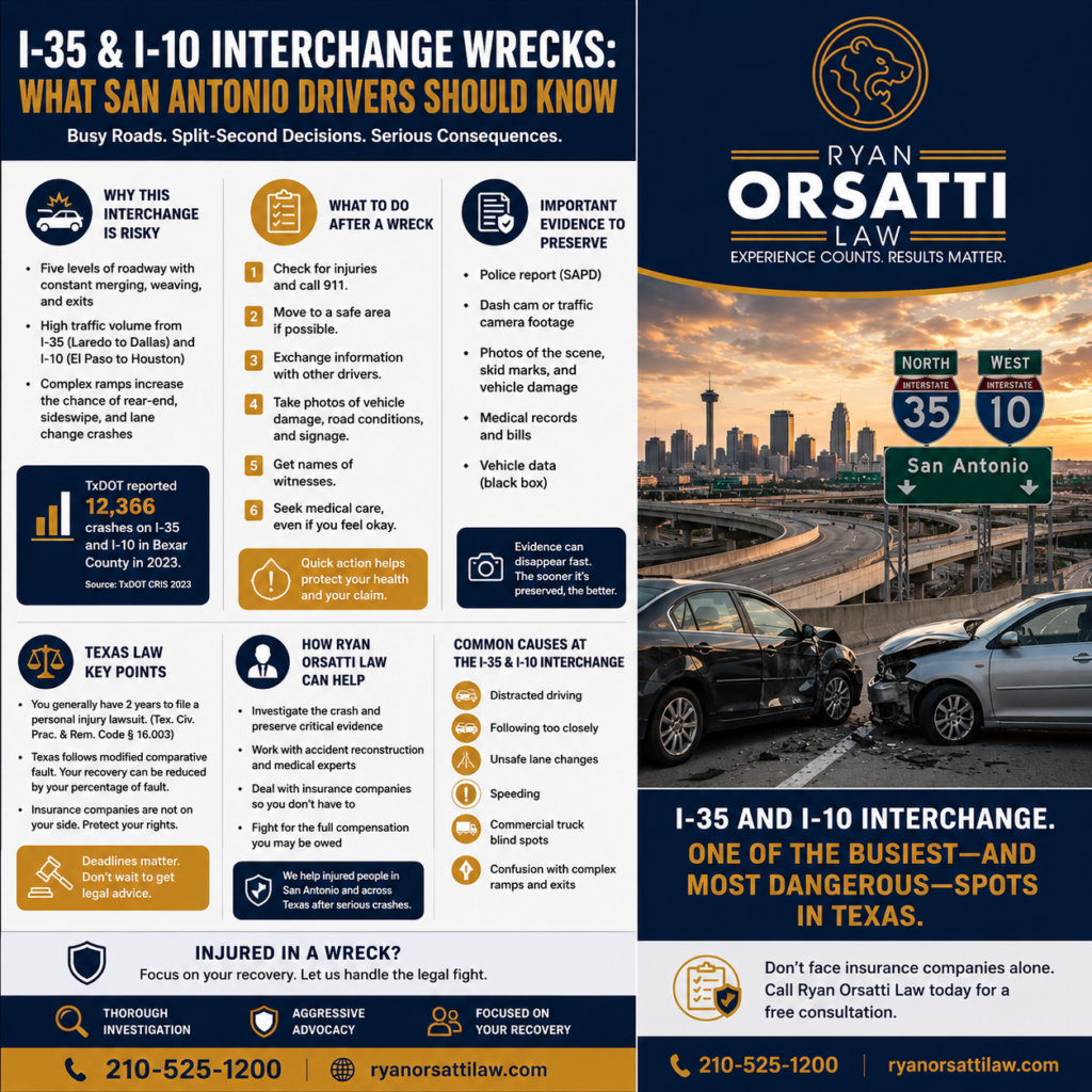Heavy traffic moving through the I-35 and I-10 interchange in San Antonio