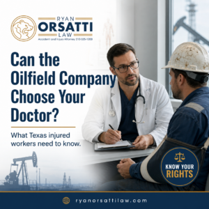 Doctor speaking with an oilfield worker about medical care after an injury, branded Ryan Orsatti Law.