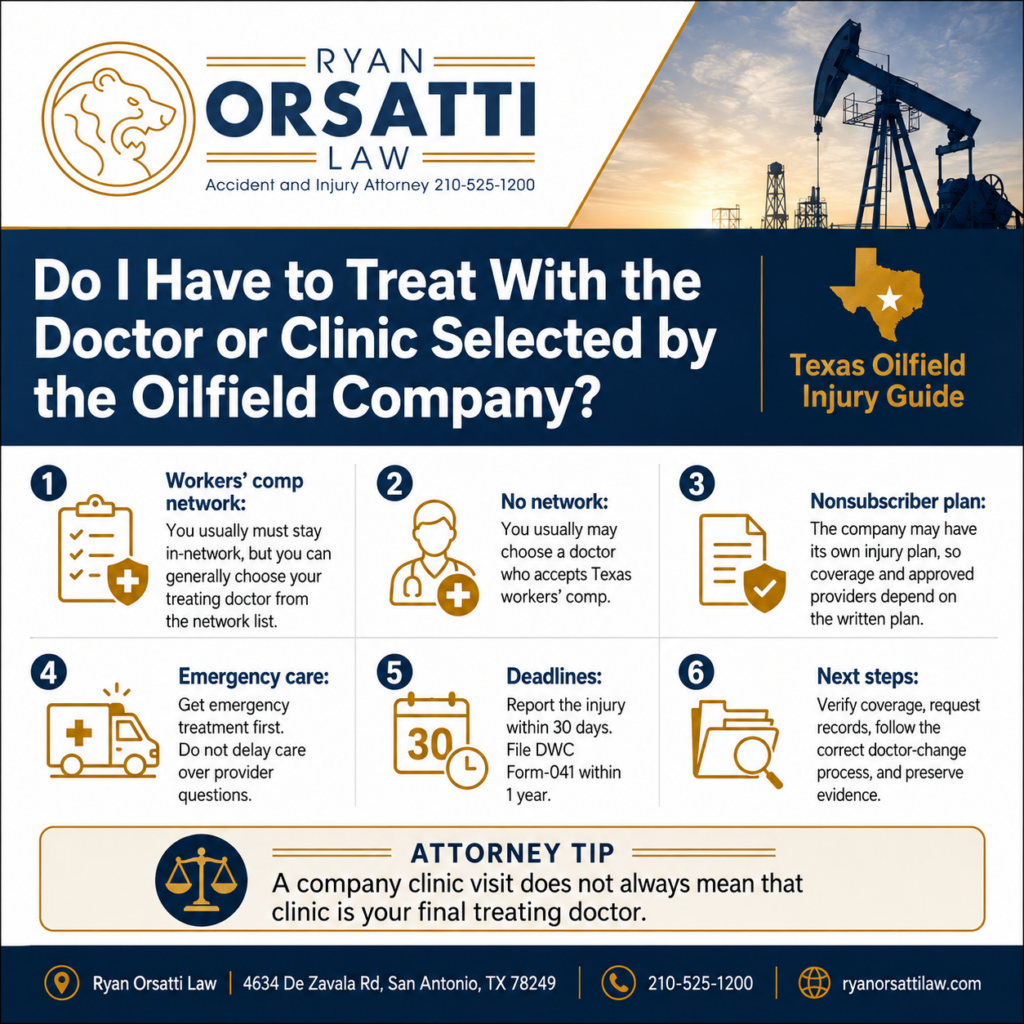 Oilfield injury doctor-selection infographic comparing workers’ compensation networks, non-network coverage and nonsubscriber plans.