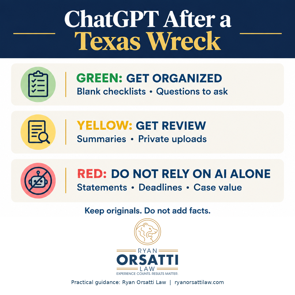 Green, yellow, and red guidance for ChatGPT use after a Texas wreck: organize tasks, get review, and avoid relying on AI alone.