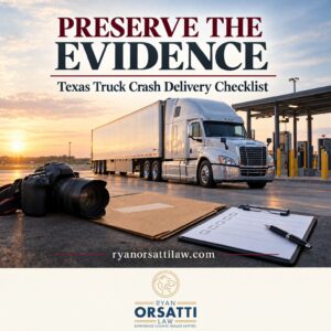 Illustrated truck evidence preservation cover with a parked semi truck, camera, and checklist, branded Ryan Orsatti Law.