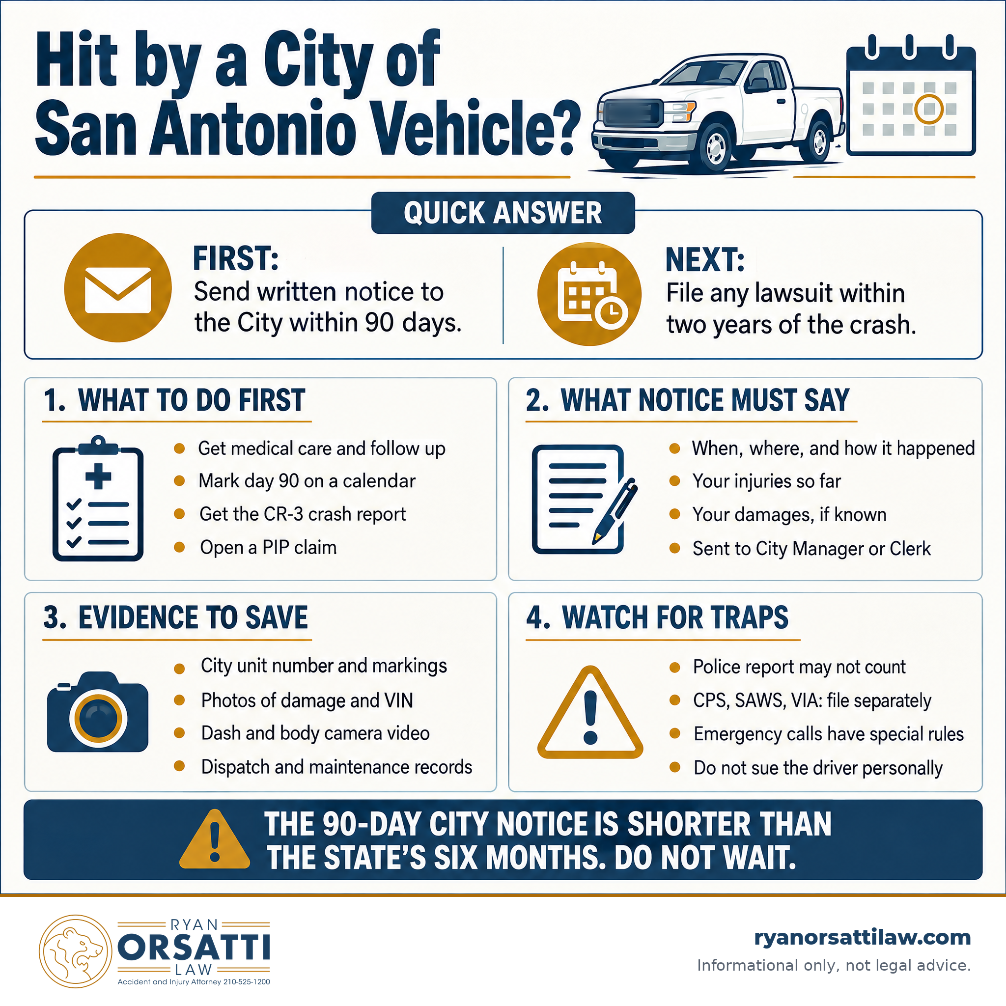 Infographic: what to do after being hit by a City of San Antonio vehicle, what notice must say, and the 90-day deadline.